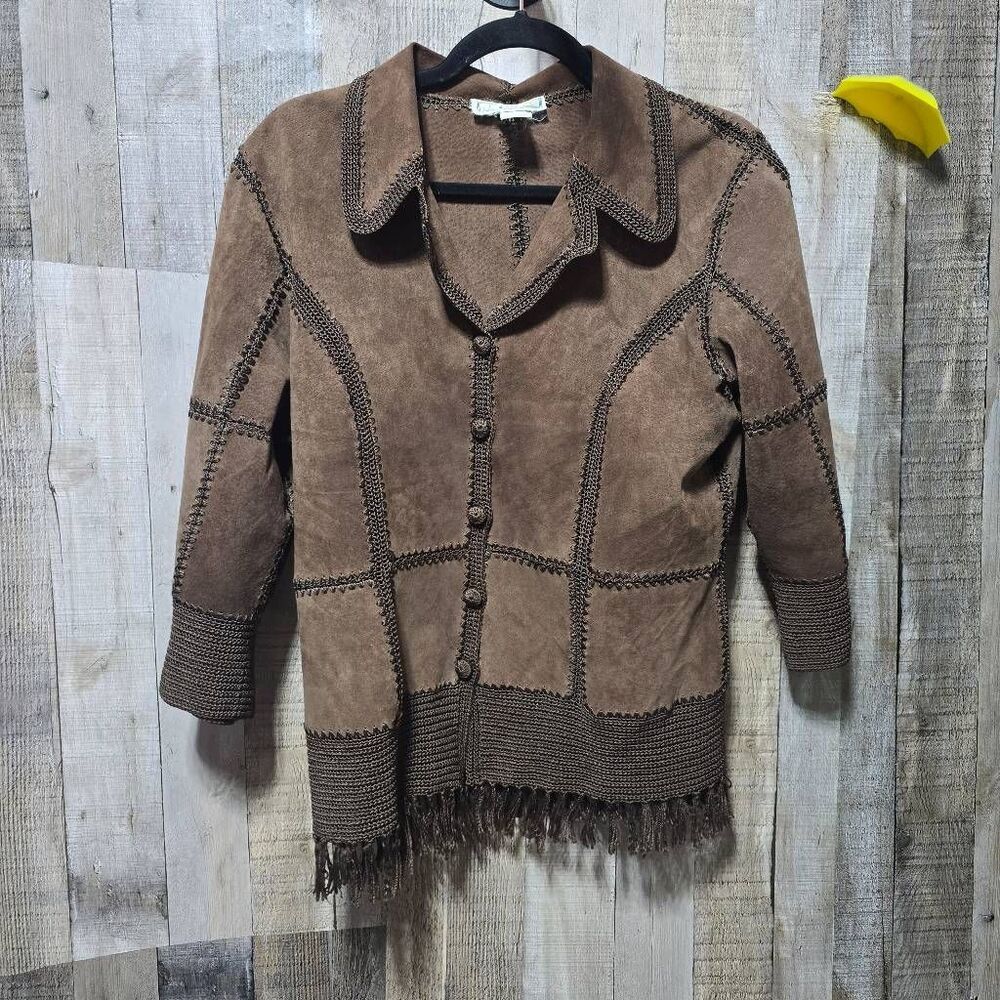 SMH Vintage Brown Mocha Knit Patchwork Leather Jacket Western Cowgirl Indie Hipp